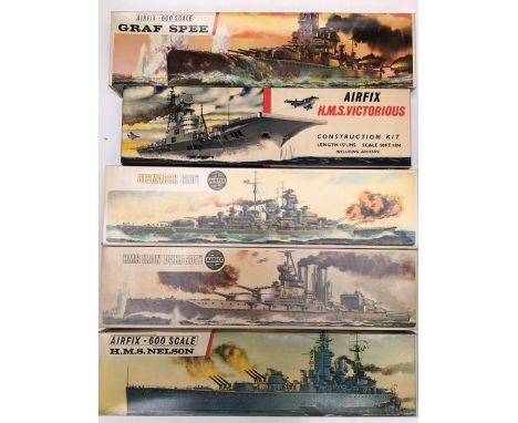 Airfix: A collection of ten vintage Airfix model kits of Battleships, all unmade, including two early red line boxes.&nbsp;