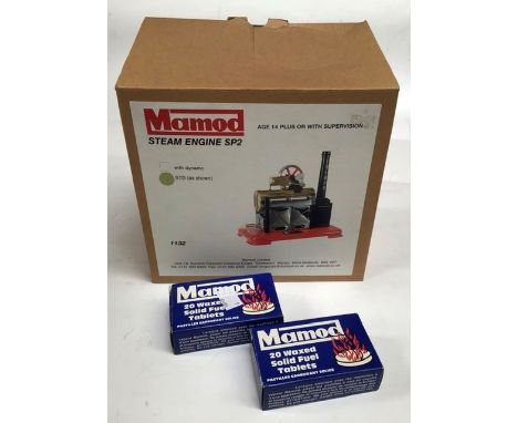 Mamod: A boxed Mamod SP2 stationary steam engine, boxed, excellent used condition, complete with two additional packs of soli