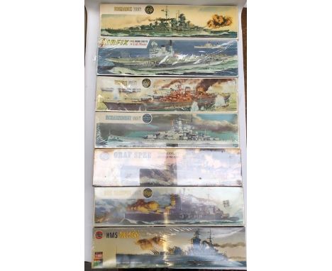 Airfix: A collection of assorted Airfix vintage model kits, 1:600 scale, battleships. Unused still sealed.