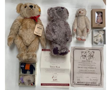 Steiff: A collection of seven assorted Steiff bears to comprise: 1909 Replica, 406256, yellow tag; British Collector's 1999, 