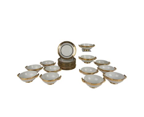 White fine china decorated in 22kt gold trims, the edge features an acid-etching clover pattern over the gold band. Set inclu
