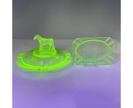 First item is a stunning uranium glass cigar ashtray with a standing dog in the middle. Second item is a unique uranium glass