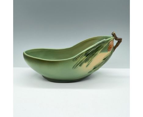 Light green elongated bowl with one branch-like handle, featuring the pinecone pattern. Roseville U.S.A. 429-10 raised mark o