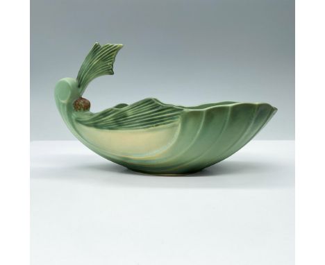 Light green background elongated bowl featuring pinecone pattern and art-deco inspired fans. Roseville U.S.A. 427-8 raised ma