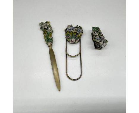 Wonderful floral enameled design over metal desk accessories include: staple remover, letter opener and paper clip. Collette 