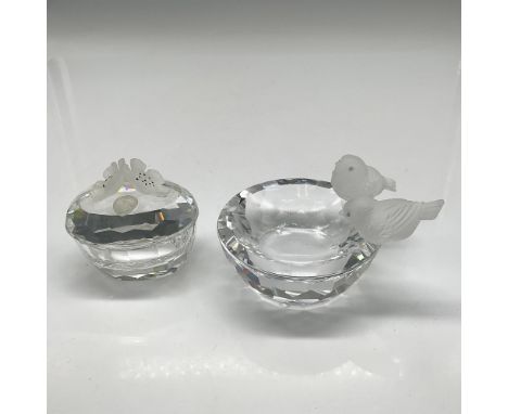 Satin crystal bird atop clear round bath 0010029 2"H and anemone satin crystal keepsake box 7464NR50 2.5"H. Swarovski backsta
