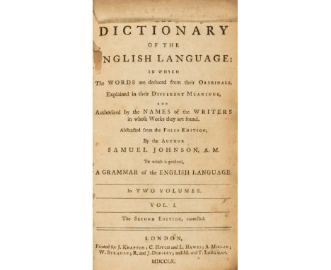 NO RESERVE Johnson (Samuel) A Dictionary of the English Language..., 2 vol. in 1, second edition, bookplate to pastedown, end