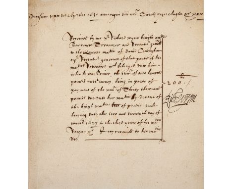 17 century courtier.- Wynn (Sir Richard, courtier, Treasurer to Queen Henrietta Maria, 1588-1649) Receipt of £200 paid by the