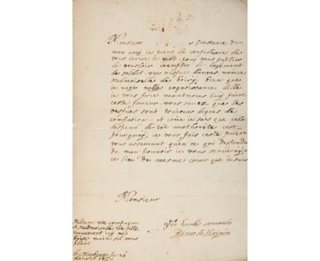 France.- Letter signed from Baronne de Haynin to Monsieur de Termignil in Arras, 1p. with conjugate blank and address panel, 