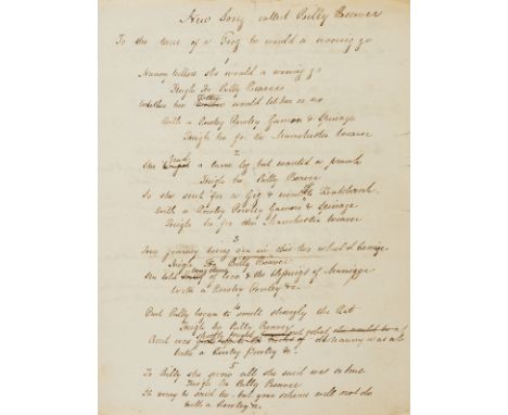 NO RESERVE Music.- Song.- New song called Bill Beaver, manuscript draft with corrections, 3pp., folds, unbound, [c.1810].