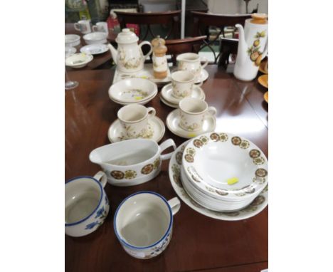SELECTION OF TEA AND DINING CHINA , INCLUDING HARVEST PATTERN CUPS AND SAUCERS.