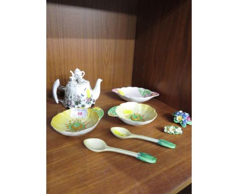 CARLTON WARE DISHES , PORTMEIRION MINIATURE TEAPOT AND TWO POSIES BROOCHES.