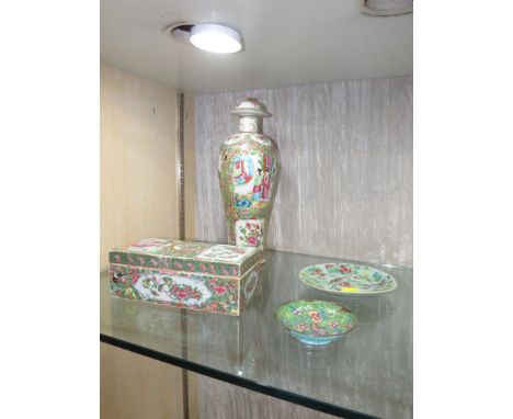 FAMILLE ROSE CHINA PORCELAIN LIDDED BOX, FAMILLE ROSE VASE WITH STOPPER, A GREEN GROUND PORCELAIN SHALLOW DISH, TOGETHER WITH
