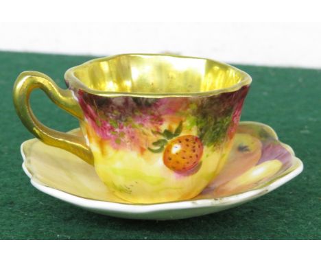 MINIATURE HAND-PAINTED PORCELAIN CUP AND SAUCER DECORATED WITH FRUIT, SIGNED
