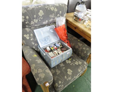 CINTIQUE LIGHT WOOD FRAMED RELINING ARMCHAIR WITH GREY FLORAL PATTERN