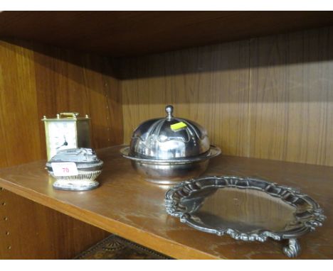 RONSON SILVER PLATED TABLE LIGHTER , SILVER-PLATED MUFFIN DISH, TRAY, AND A QUARTZ CARRIAGE CLOCK.