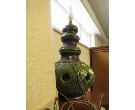 LARGE GREEN GLAZED POTTERY TABLE LAMP WITH FABRIC SHADE