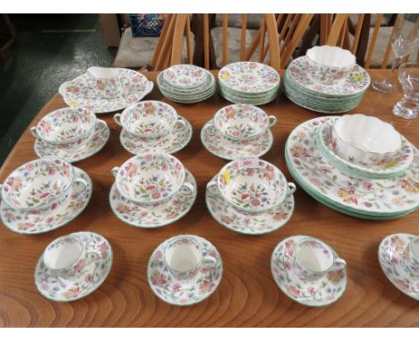 QUANTITY OF MINTON HADDON HALL PATTERN CHINA INCLUDING PLATES, COFFEE CUPS AND SOUP BOWLS