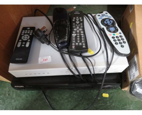 PHILIPS VHS VIDEO RECORDER AND SKY TV RECEIVER WITH REMOTES.
