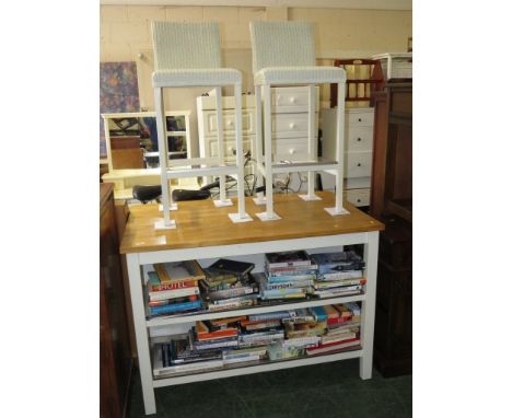 WHITE PAINTED KITCHEN ISLAND WITH LIGHT WOOD TOP AND TWO STAINLESS STEEL CLAD SHELVES, TOGETHER WITH TWO WHITE PAINTED STOOLS