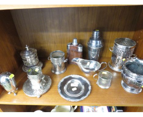 SILVER-PLATED COCKTAIL SHAKER, SILVER-PLATED BOTTLE HOLDERS, PLANTER AND OTHER METAL ITEMS (ONE SHELF).