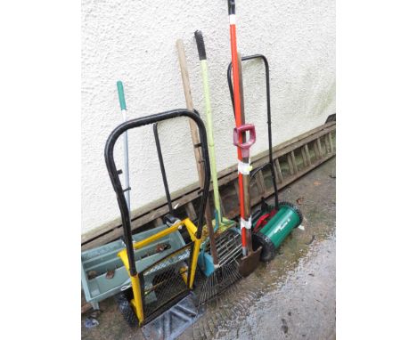 QUALCAST MANUAL LAWN MOWER, SCARIFIER, SEED SPREADER, SACK TROLLEY AND GARDEN HAND TOOLS ETC (A/F)