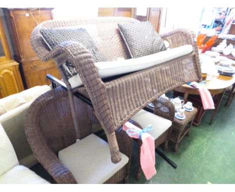 WICKER CONSERVATORY SUITE COMPRISING A TWO-SEATER SOFA, PAIR OF ARMCHAIRS AND COFFEE TABLE