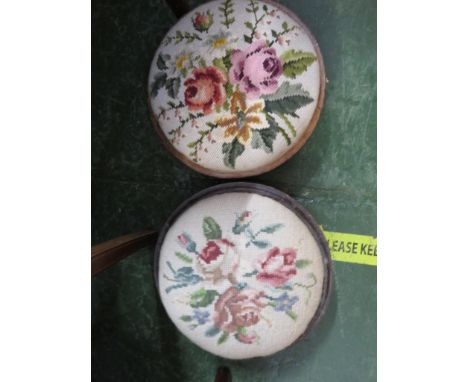 TWO MAHOGANY VENEER CIRCULAR STOOLS WITH FLORAL TAPESTRY UPHOLSTERY