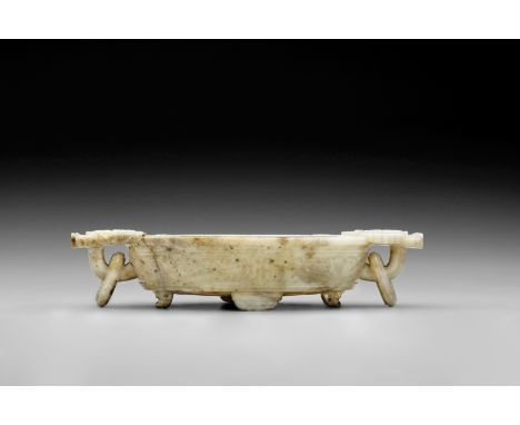 A FINELY CARVED 'CHICKEN BONE' JADE 'MARRIAGE' BOWLQianlongWell carved with straight sides rising from a flat well, carved in