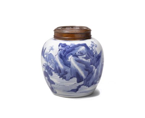 A blue and white porcelain jar18th centuryOf globular form, the exterior walls decorated in underglaze blue with scholarly fi