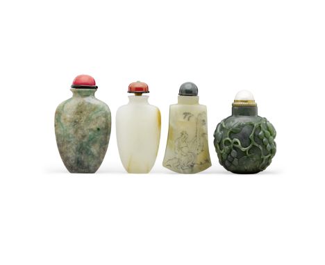 Four jade snuff bottles19th century and laterAll well-hollowed; the first a spade-form jadeite bottle, the matrix of mottled 