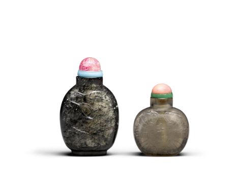 Two rock crystal snuff bottlesLate 19th/early 20th centuryBoth well-hollowed; the first a smoky rock crystal bottle of compre