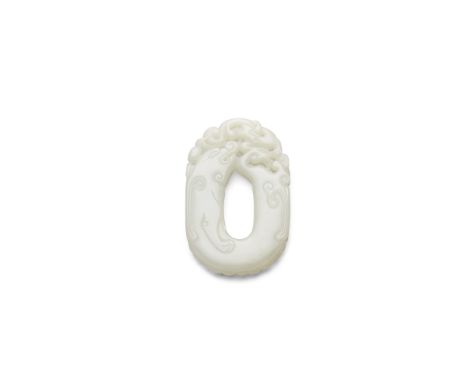 A white jade pendant plaque of coiled dragonsQing dynastyOf thin section and oval contour, carefully worked and deeply underc