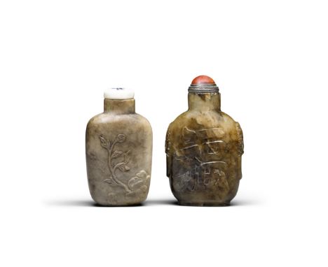 Two carved hardstone snuff bottlesThe first a russet-toned bottle, carved with fu and shou characters to the front and back, 