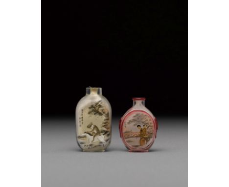 Two inside-painted glass snuff bottlesBi RongjiuThe first a tall, rounded rectangular bottle, painted on a beige-washed groun