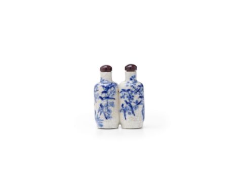 FOUR PORCELAIN SNUFF BOTTLES18th/19th centuryThe first a blue and white conjoined bottle, painted with a parliament of magpie