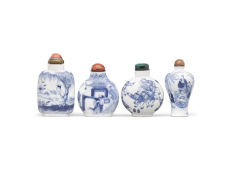 Four blue and white porcelain snuff bottlesLate 19th/20th centuryEach with a figural theme: the first of rectangular profile,