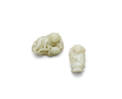 Two jade carvings of baby boysQing dynastyThe first of pale greenish-white hue, depicting a little boy tugging at the ribbons
