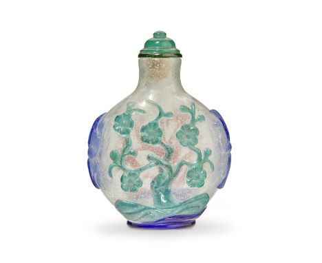 TWO OVERLAY GLASS SNUFF BOTTLES1750-1850 and laterThe first of flattened globular form, the red overlay on one side carved to