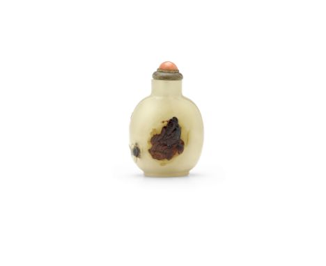 AN AGATE 'POET AND FISHERMAN' SNUFF BOTTLE1800-1860Of flattened rounded rectangular form, surmounted by a  tubular neck with 