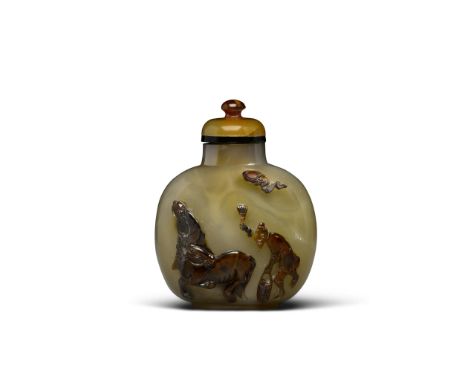 A carved cameo agate snuff bottleLate 19th centuryWell-hollowed, of compressed spherical form, the bottle standing on a round