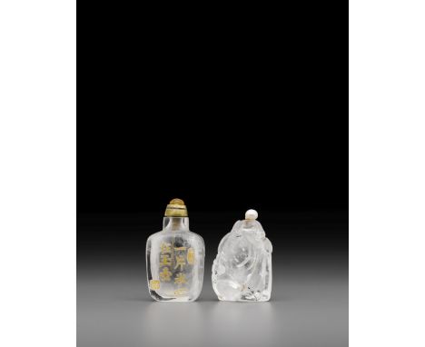 Two rock crystal snuff bottlesThe first a slightly tapering rectangular bottle, one side utilizing the layer of brown skin in