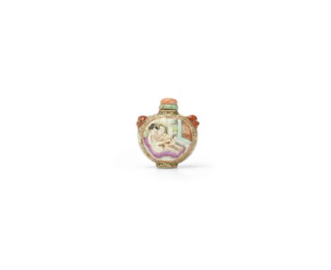 A MOLDED FAMILLE ROSE 'EROTIC' SNUFF BOTTLE19th/20th centuryOf moon flask form with a short neck, each main side with a panel