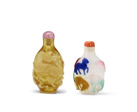 TWO OVERLAY GLASS SNUFF BOTTLES1780-1850The first with an opaque ocher layer over a clear ocher ground, the opaque layer carv