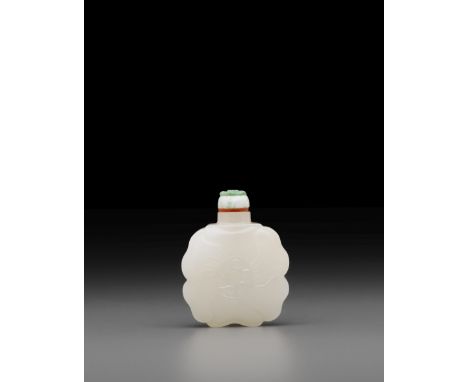 A white jade 'mallow flower' snuff bottle20th centuryCarved in the outline of a mallow blossom, each broad side presented as 