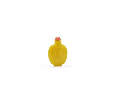 A YELLOW 'MELON' SNUFF BOTTLEImperial, Palace Workshops, Beijing, 1750-1820Of flattened ovoid form, surmounted by a tubular n