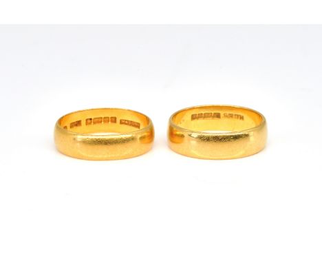 TWO 22CT GOLD WEDDING RINGSComprising; Birmingham 1971, ring size P and Birmingham 1972, ring size Q, combined weight 10.9 gm