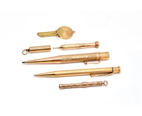 A 9CT GOLD CASED PROPELLING PENCIL AND FOUR FURTHER ITEMS (5)The gold pencil with engine turned decoration, Birmingham 1932, 