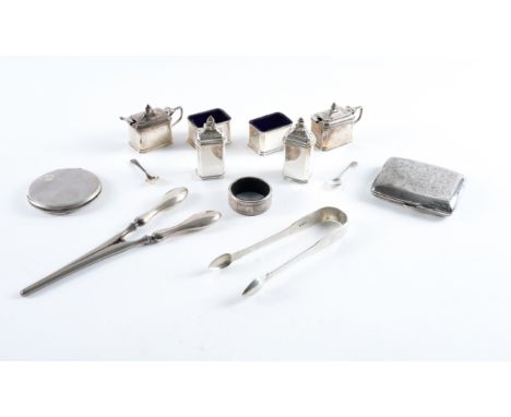 A SILVER SIX PIECE CONDIMENT SET AND FIVE FURTHER ITEMS (15)The condiment set comprising; two mustard pots, two salts and two