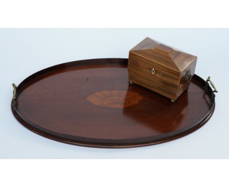 A REGENCY KINGWOOD SARCOPHAGUS SHAPED TEA CADDY (2)20cm wide; 15cm high, together with an Edwardian shell inlaid mahogany ova